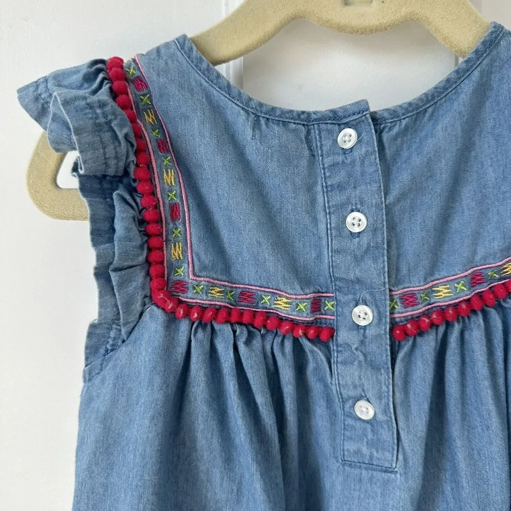 Le Top girl Chambray Pom Pom trim and tassel‎ Dress Size 3T Blue